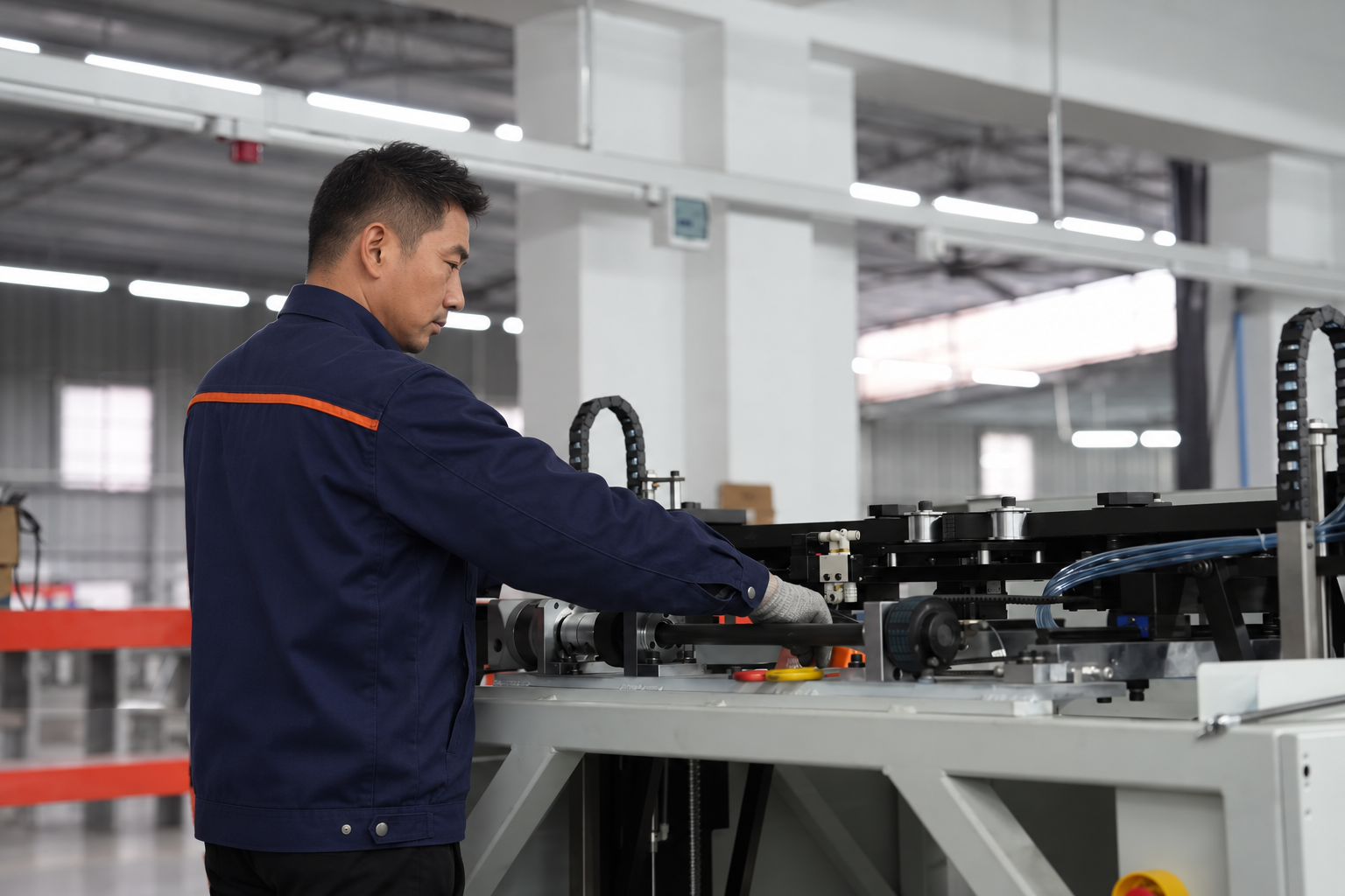 Technician working on filter production equipment in a workshop