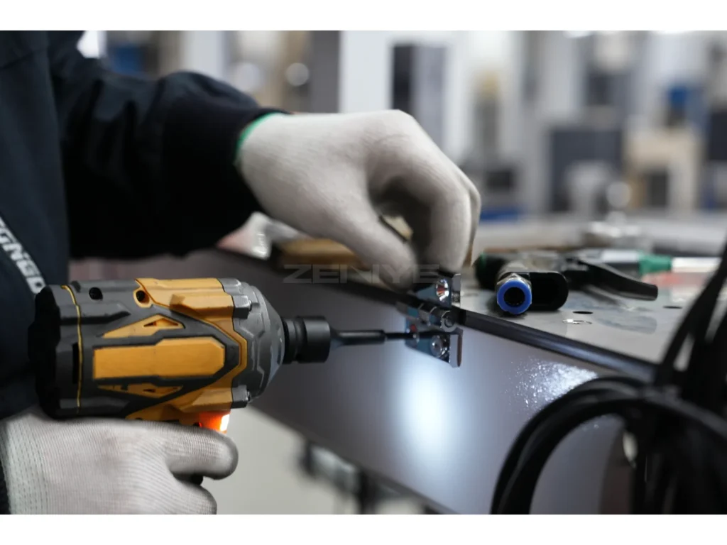 Gloved hands using a cordless tool beside a metal machine assembly.