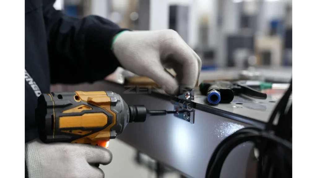 Gloved hands using a cordless tool beside a metal machine assembly.