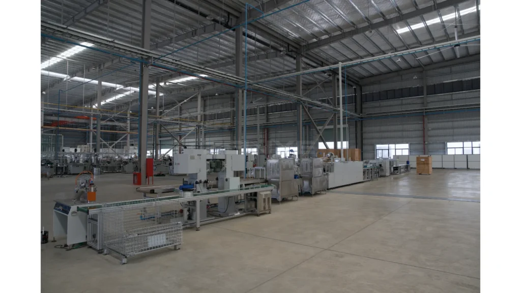 Machinery and conveyors arranged alongside an open aisle inside a factory.